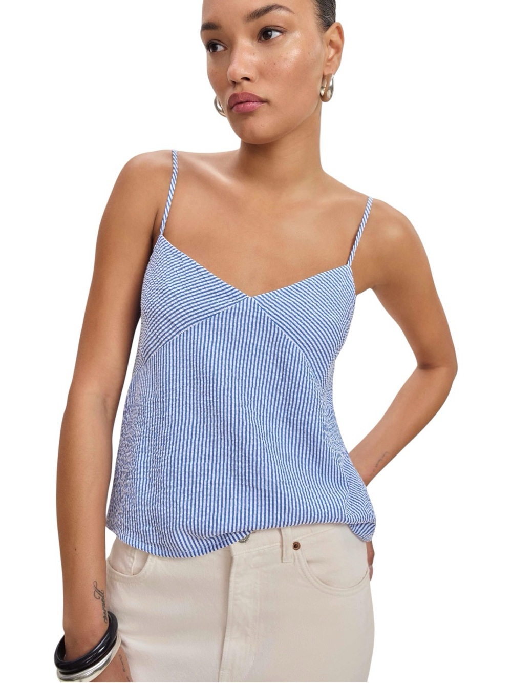 Reformation Blue/White Striped Seersucker Emina Camisole Top (L)